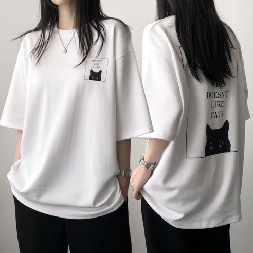 레이디스룸 국산 특양면 ~2XL 오버핏 고양이 프린팅 빅사이즈 박스 반팔 티셔츠, 아이보리