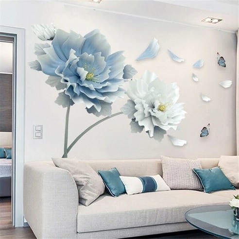 큰 북유럽 푸른 꽃 거실 장식 벽 스티커 벽 포스터, 스타일1-125CM*78CM, 보여진 바와 같이