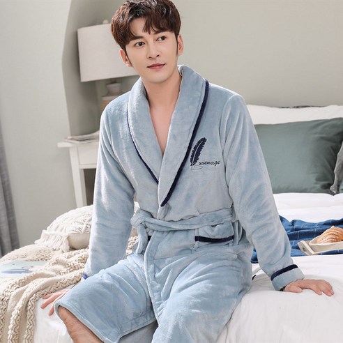 DFMEI-Y 가을 겨울 커플 잠옷 여성 산호 양털 목욕 가운 긴 소매 잠옷 남성 짙은 플란넬 목욕 가운 홈 착용, DFMEI P31 물 블루 깃털 남성, M