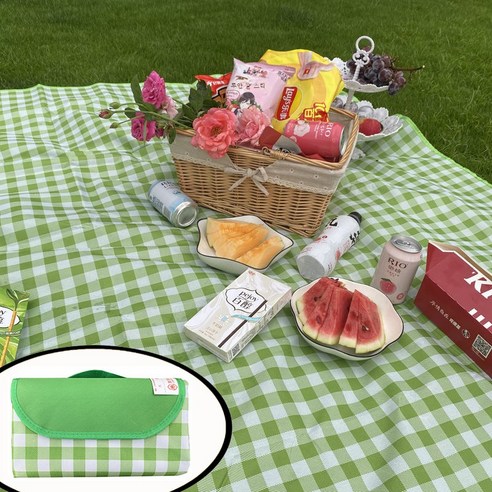 DFMWI.피크닉 매트.Picnic mat.--피크닉 매트 야외 피크닉 방습 매트 야외 휴대용 방수&amp;인스풍 비치 피크닉 매트, 대형2*2M[녹색과흰색그리드]