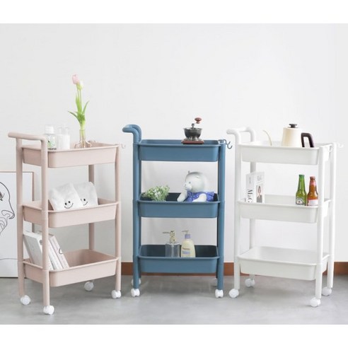 핑크 3단 이동식 선반 트롤리 – 바퀴 달린 무빙 카트, 틈새 수납 가능, 장난감 및 세탁실, 주방, 거실 사용에 적합 이케아트롤리
