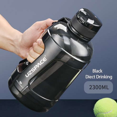 [SW] UZSPACE-대용량 물병 빨대 포함 2.3L 2000ML 투명 플라스틱 마시는 병 체육관 도구 주전자 트라이탄 BPA 프리 스포츠 컵, Black