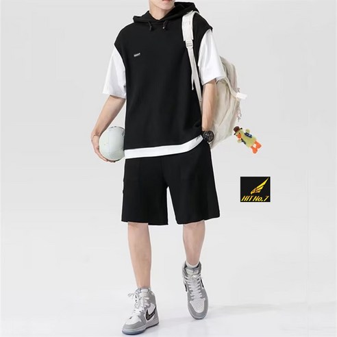 히트세븐 남성 여성 여름 후드 레이어드 트레이닝 상하 세트 빅사이즈 루즈핏 반팔 반바지 트레이닝복세트 STRF30