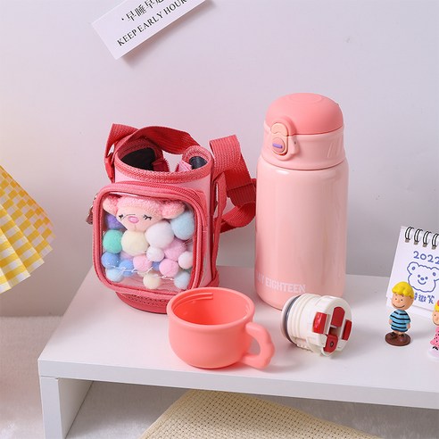 사랑스러운 작은 보온컵 멜빵 천 덮개 잠금장치 탄개 빨대컵 잔 양용 덮개, 핑크, 500ml