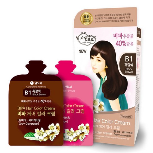 자연으로 비파 헤어 칼라 크림, B1 흑갈색, 1개