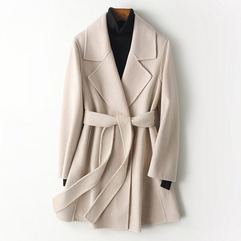 【DF】 새로운 벨트 양면 양모 코트 여성 중간 길이 슬림 블랙 솔리드 컬러 울 코트