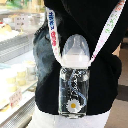 한국어 스타일 귀여운 컵 졸업 짚 성인 크리 에이 티브 유리 컵 여학생 젖꼭지 컵 휴대용 컵, 330ml영어꽃스케일240_단일병+밀짚중력볼+스트랩