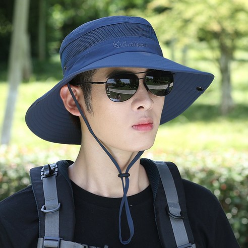 【등산모】모자 남자 여름 태양 보호 대형 처마 낚시 레저 남자 여름 어부 모자 태양 모자 야외 해변 태양 모자, 네이비 블루