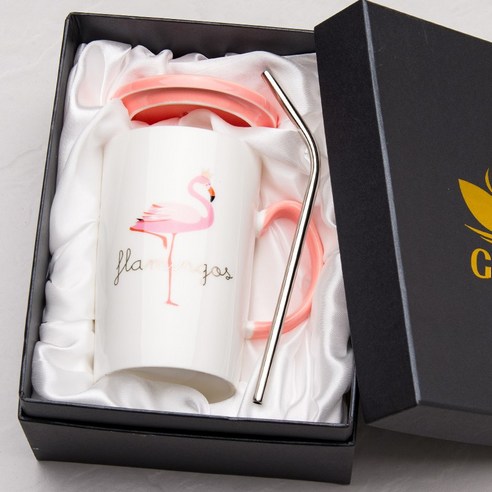 GU 창조적 인 컵 세라믹 뚜껑 숟가락 패션 커플 남성과 여성 가정 맞춤 우유 커피 컵, 플라밍고밀짚컵B(선물상자)