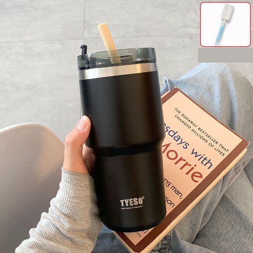 진공단열 대용량 빨대 텀블러 보냉보온 텀불러+세척솔+DIY스티커, 블랙, 600ml