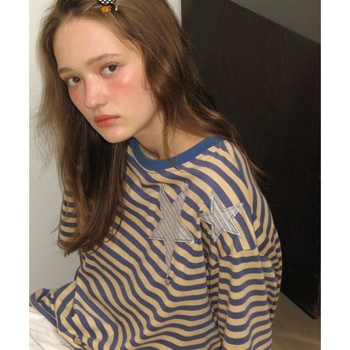 Tシャツ・カットソー RONRON STRIPE STAR APPLIQUE T SHIRT GREY RR25BST4229GR RONRON STRIPE STAR APPLIQUE T SHIRT BEIGE BLUERR25T4229BB