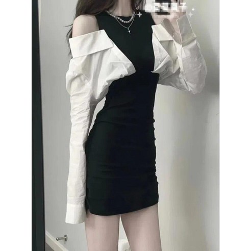 QWEEK 여성용 블랙 오프숄더 드레스 2022 케이팝 바디콘 랩 슬림 숏 드레스 파티 패션 가을 패치워크 한국