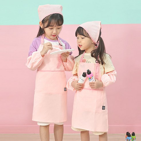 로이도이 핑키 유아 초등 학생 어린이 요리 미술 방수 앞치마 토시 두건 가방 세트, L