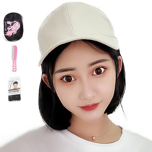 가발위드 단발 스타일캡 모자가발+가발망1개+가발전용빗1개 세트, 1개, 베이지+진한블랙