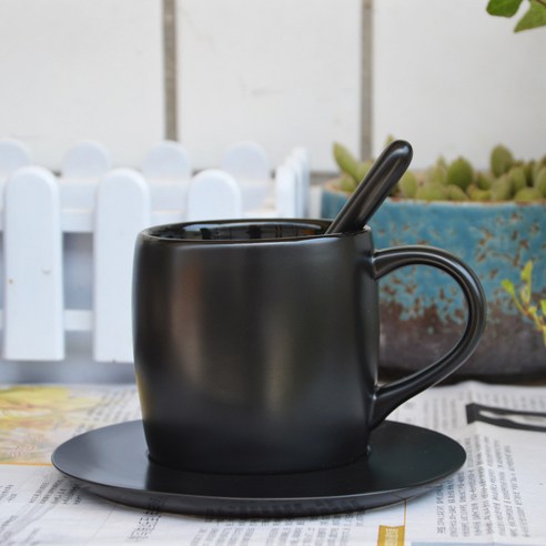 Shenghao유럽식 카페 샌드위치 머그컵 맞춤형 로고 블랙 커피잔 접시 창의력 심플한 도자기 물컵, 백아광 유럽식 컵 싱글 컵, 301-400ml