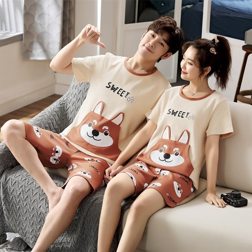 미소아 커플 잠옷 여름 남녀 잠옷 여름 반팔 면 만화 가정복 남성 여성 커플 잠옷