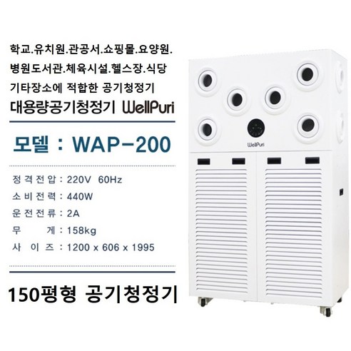 [웰템] 150평형 대형공기청정기 웰퓨리 WAP-100 학교용.유치원용.관공서용.쇼핑몰용.식당용.병원용.요양원용.기타시설등, WAP-200 [150평형], WAP-200 [웰템]