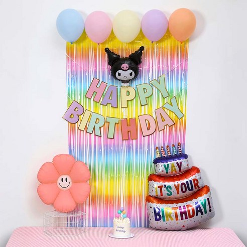[피앤비유니티]스마일데이지 풍선스탠드 생일장식커튼세트 펌프포함, 1세트, 06)쿠로미기본형마카롱커튼세트