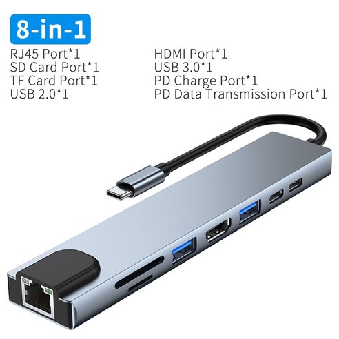 [SW] 8 인 1 USB 3.0 허브 노트북 어댑터 PC 컴퓨터 PD 충전 8 포트 도킹 스테이션 RJ45 HDMI TF/SD 카드 노트북 c형 분배기, 8 In 1_러시아