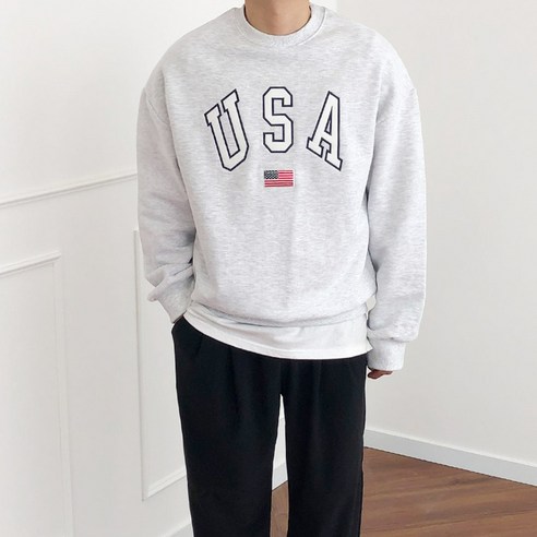 USA 자수 레터링 3단 쭈리 루즈핏 맨투맨 티셔츠 4color