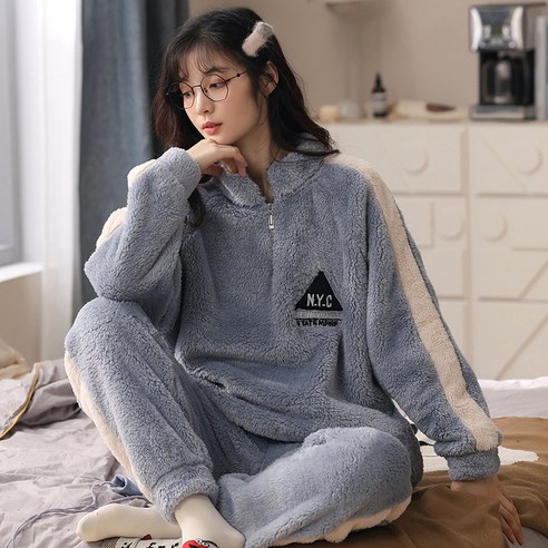ANKRIC 커플 잠옷 세트 잠옷 가을 겨울 홈웨어 기모 두꺼운 레포츠용