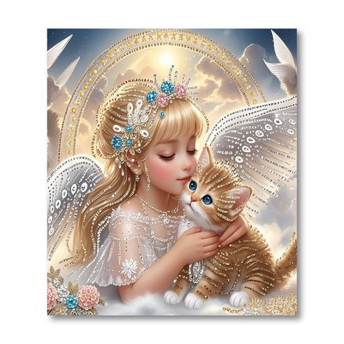 상덕 보석십자수 DIY 키트 캔버스형 액자40 x 50cm, 1개, 천사와 고양이