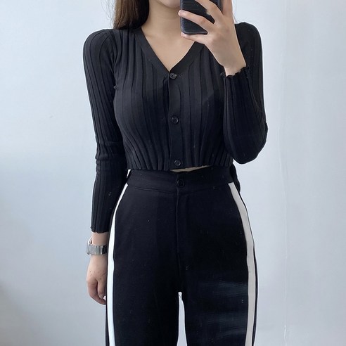 VANANA2 왕골지 브이넥 크롭 슬림핏 여성 간절기 가디건 긴팔티셔츠 4color