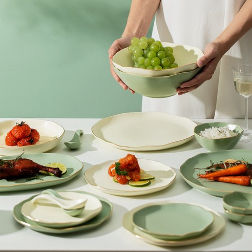 세라믹 식기 북유럽 스타일 접시 세트 가정용 조명 고급 밥 그릇 가정용 식사 그릇 플랫 플레이트 접시, 녹색 12 -인치 생선접시
