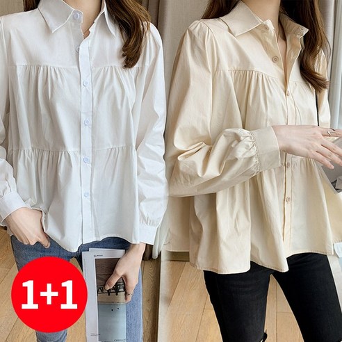 주디앤 여성 아방핏 봄 가을 링클 퍼프 소매 핀탁 셔츠 블라우스 1+1 리빙공감