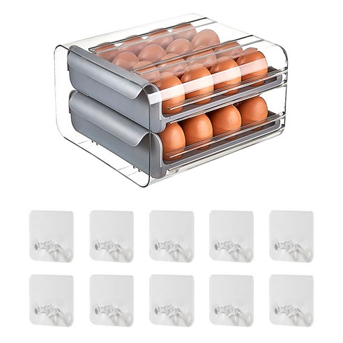 구디푸디 투명 2단 32구 계란 보관함 냉장고 정리 에그 트레이 + 코드걸이 10개, 그레이