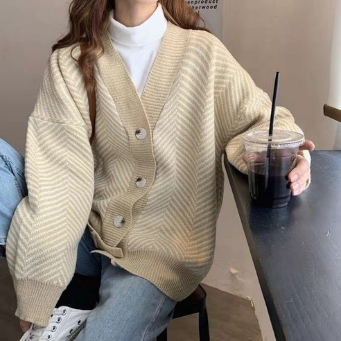 DH 봄 긴 소매 V 넥 스트라이프 대형 스웨터 코트 느슨한 겉옷 인터넷 연예인 게으른 스타일 니트 카디건