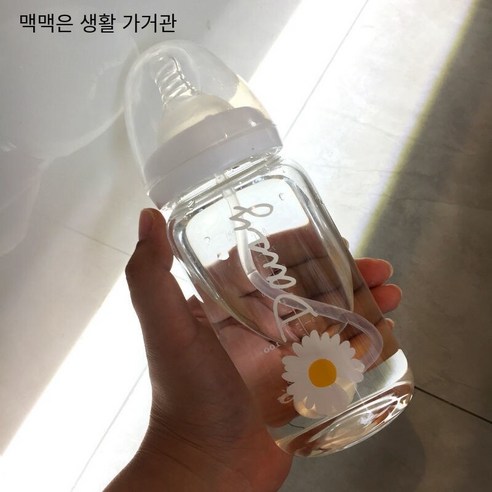 한국어 스타일 귀여운 컵 졸업 짚 성인 크리 에이 티브 유리 컵 여학생 젖꼭지 컵 휴대용 컵, 330ml영어꽃스케일240_단일병+밀짚중력볼+컵브러시