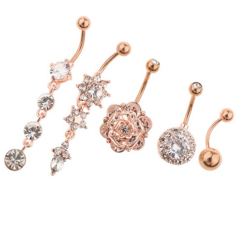 5Pcs 우아한 매달려 배꼽 반지 로즈 골드 크리스탈 배꼽 반지 바 피어싱 1.6mm