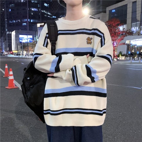 smy스트라이프 라운드 넥 스웨터 남자 가을 겨울 패션 브랜드 풀오버 스웨터 한국식 느슨한 모든 일치 게으른 스타일 긴 소매 스웨터