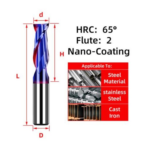 296988 TYTURE 카바이드 플랫 엔드 밀 금속 커터 텅스텐 스틸 CNC 밀링 HRC55/65, d1xD4x50L, HRC65 2F