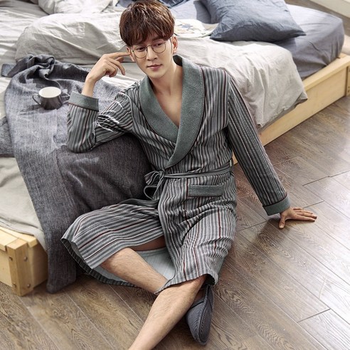 DFMEI-Y 브랜드 잠옷 여성 봄과 가을 커플 목욕 가운 순수 코튼 잠옷 남성 여름 긴 소매 확장 목욕 가운 대형 사이즈 긴팔 가운, {"패션의류/잡화 사이즈":"XL 사이즈"}, DFMEI 남성 98017