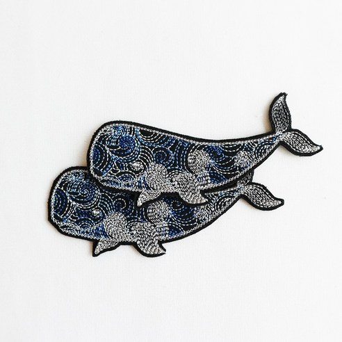 플라이쿱 봉제식 파도무늬 고래 자수패치 와펜 2개입