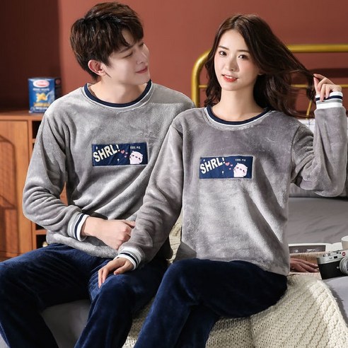 [XIG] 유니섹스 플란넬 잠옷 여성 겨울 따뜻한 양털 커플 잠옷 세트 연인 잠옷 귀여운 만화 Pijamas 홈 의류