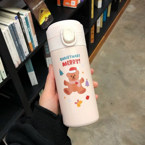 smy물 컵 여학생 귀여운 보온병 컵 간단한 크리 에이 티브 한국어 크리스마스 소녀 심장 휴대용 엘크 컵, 크리스마스 곰 320 Ml, {"크기":"하나"}
