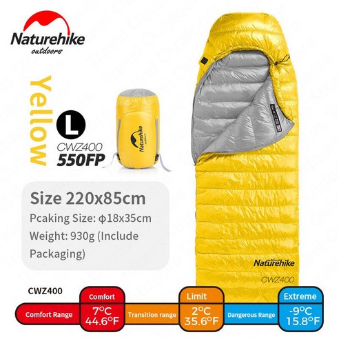 초경량 캠핑 침낭 Naturehike- CW400 겨울용 따뜻한 형 화이트 구스다운 슬리, 03 Yellow L 550FP, 1개