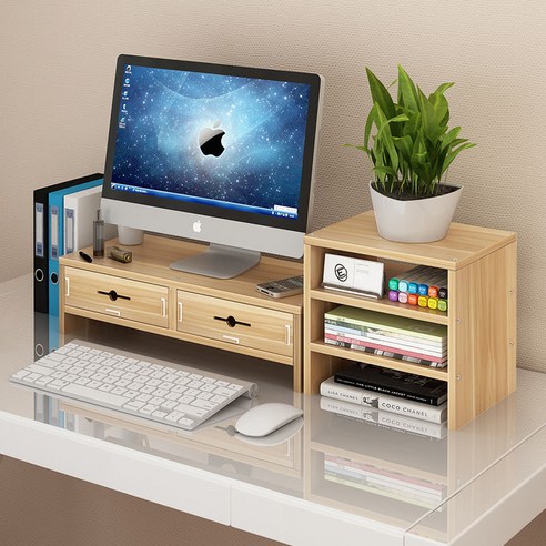 【Computer Rack】【컴퓨터 랙】컴퓨터 디스플레이 화면 높이 랙 높이 탁상용 데스크탑 스토리지 랙 데스크 스토리지 선반 기본, 더블레이어파티션+세레이어얕은호두(2서랍)
