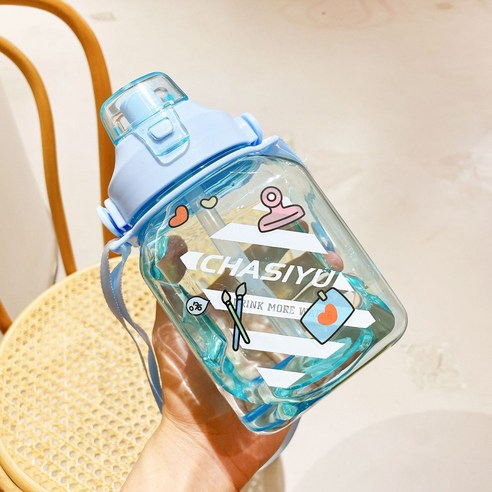 더블 스퀘어 플라스틱 컵 컬러 대용량 주스 빨대 휴대용 심플 야외 물컵, A383블루_1000ml