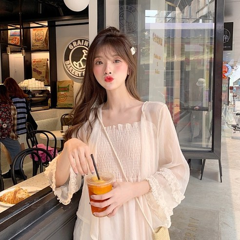 DFMEI 목도리 여름 태양 방지 의류 여성 여름 얇은 시폰 증거 카디건 겉옷 서양식 다목적 슈퍼 요정 드레스, DFMEI 살구