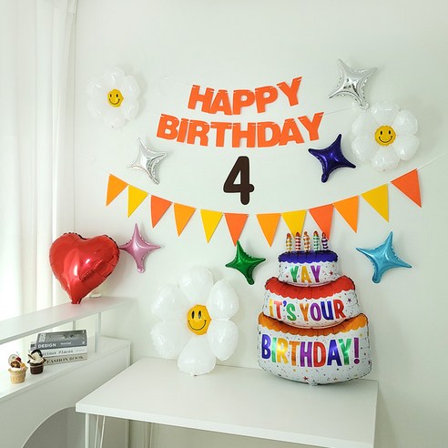상큼화사 오렌지 펠트 생일가랜드 숫자펠트 전체 호일풍선 구성 생일파티용품 세트, 1세트, 숫자4번