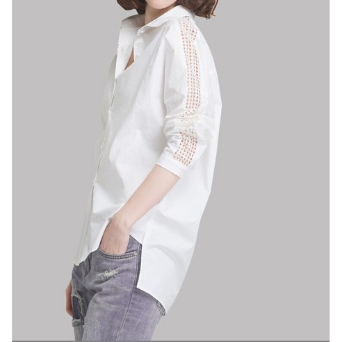 KORELAN 셔츠 여성 한범 긴팔 순면 미디엄 롱 베이스 펀칭 화이트 봄가을 셔츠