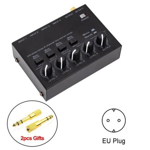 오디오 믹서 미니 저소음 사운드 초소형 전문 4 채널 스테레오 RCA 출력 6.53.5mm 2PCs, [01] EU Plug, EU Plug