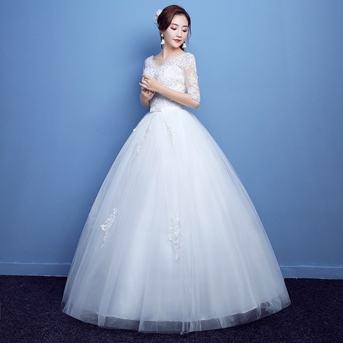 FANSYLI 웨딩드레스 일자 어깨 빅사이즈 신부 웨딩드레스 날씬해 보이는 긴팔 9XL