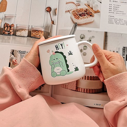 공룡 세라믹 컵 뚜껑 숟가락 귀여운 커플 머그잔 집 아침 우유 커피 음료 컵, HEY [350ML]], 뚜껑이있는 숟가락