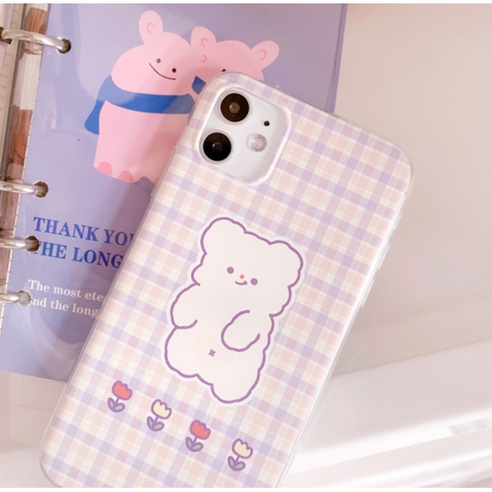 아이폰 보라색 곰돌이 체크 패턴 곰인형 폰 케이스 비오니
