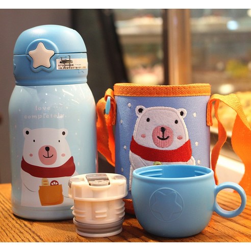 ZZJJC 아이디어 보온병 아이디어 텀블러 아웃도어 보온병, 블루 더블 덮개 컵홀더, 350ml